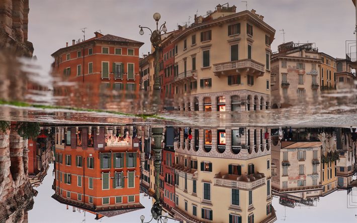 Verona, pozzanghera, riflesso in una pozzanghera, paesaggio urbano di Verona, edifici, Venezia, Italia