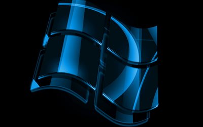 4k, logotipo azul do Windows, planos de fundo azuis, sistema operacional, logotipo do vidro do Windows, arte, logotipo do Windows 3D, Windows