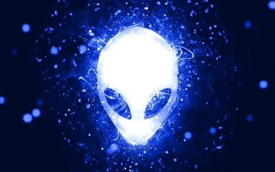 Alienware koyu mavi logo, 4k, koyu mavi neon ışıklar, yaratıcı, koyu mavi soyut arka plan, Alienware logosu, markalar, Alienware