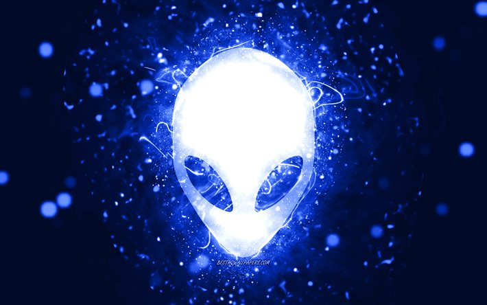 Alienware tummansininen logo, 4k, tummansiniset neonvalot, luova, tummansininen abstrakti tausta, Alienware -logo, tuotemerkit, Alienware