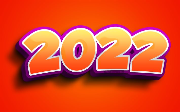 2022 رقم ثلاثي الأبعاد برتقالي, 4 ك, كل عام و انتم بخير, خلفيات برتقالية, 2022 مفاهيم, فن ثلاثي الأبعاد, 2022 العام الجديد, 2022 على خلفية برتقالية, 2022 أرقام سنة