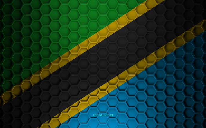 Drapeau de la Tanzanie, texture des hexagones 3d, Tanzanie, texture 3d, drapeau de la Tanzanie 3d, texture en m&#233;tal, drapeau de la Tanzanie