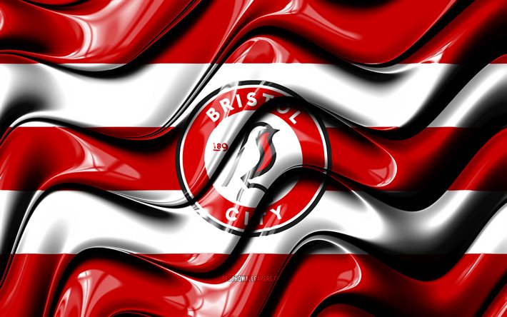 Bandeira do Bristol City FC, 4k, ondas 3D vermelhas e brancas, EFL Championship, clube de futebol ingl&#234;s, futebol, logotipo do Bristol City FC, Bristol City FC, FC Bristol City