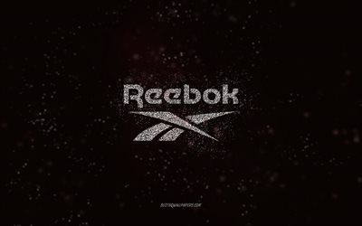 Reebok glitter logo, 4k, black background, Reebok logo, white glitter art, Reebok, creative art, Reebok white glitter logo