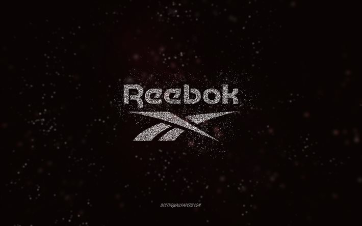 Reebok glitter logotyp, 4k, svart bakgrund, Reebok logotyp, vit glitter konst, Reebok, kreativ konst, Reebok vit glitter logotyp