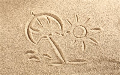 travel concepts, 4k, creative, sun, drawing on sand, summer travel, background with sand