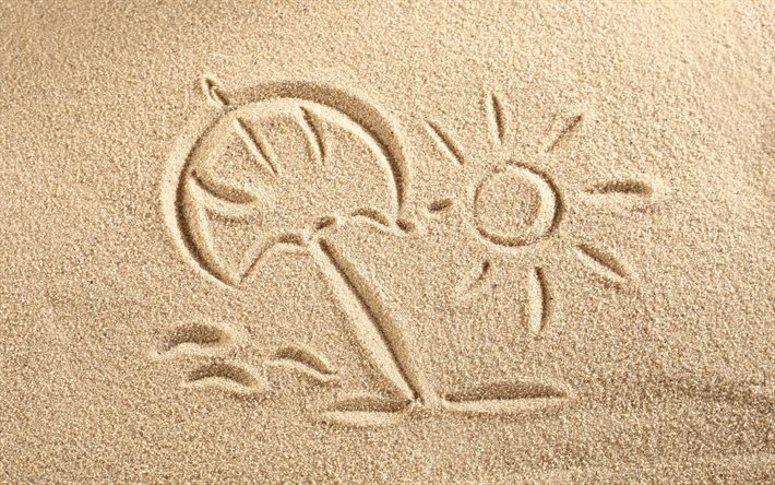 concetti di viaggio, 4k, creativo, sole, disegno sulla sabbia, viaggi estivi, sfondo con la sabbia