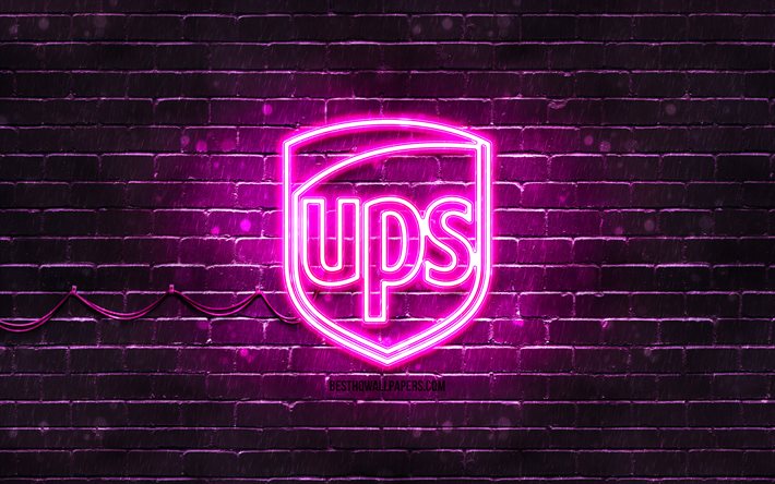 Logo UPS viola, 4k, muro di mattoni viola, logo UPS, marchi, logo UPS neon, UPS
