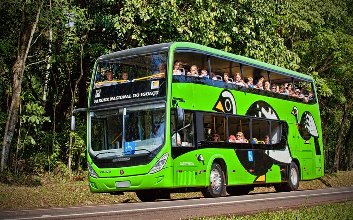 Marcopolo Viale DD Sunny Volvo B215LH, 4k, bus vert, bus 2021, HDR, bus &#224; imp&#233;riale, transport de passagers, bus de passagers, Marcopolo
