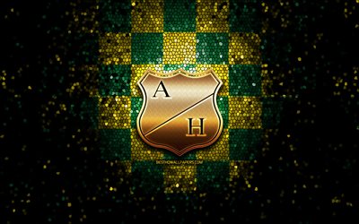Atletico Huila FC, glitter logo, Categoria Primera A, yellow green checkered background, soccer, colombian football club, Atletico Huila logo, mosaic art, football, Atletico Huila, Colombian football league