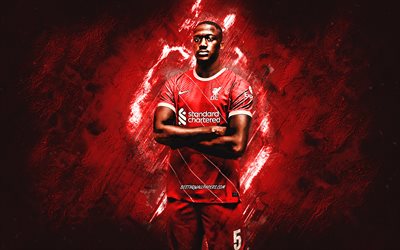 Ibrahima Konate, Liverpool FC, French footballer, portrait, red stone background, Premier League, England, football