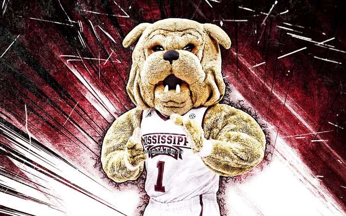 4k, Bully, art grunge, mascotte, Mississippi State Bulldogs, NCAA, cr&#233;atif, mascotte Mississippi State Bulldogs, rayons abstraits violets, mascottes NCAA, mascotte officielle, mascotte Bully