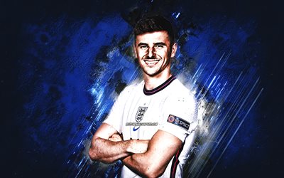 Mason Mount, İngiltere Milli Futbol Takımı, İngiliz futbolcu, orta saha oyuncusu, portre, İngiltere, futbol, mavi taş arka plan