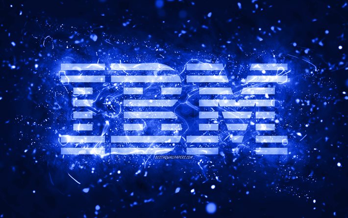 IBM: n tummansininen logo, 4k, tummansiniset neonvalot, luova, tummansininen abstrakti tausta, IBM -logo, tuotemerkit, IBM