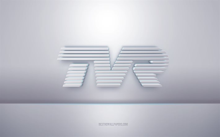TVR شعار أبيض ثلاثي الأبعاد, خلفية رمادية, شعار TVR, الفن الإبداعي 3D, TVR, 3d شعار