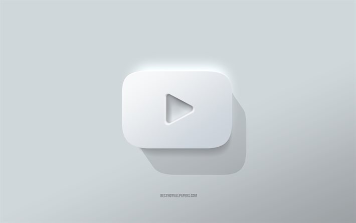 YouTube -logo, valkoinen tausta, YouTube 3D -logo, 3D -taide, YouTube, 3D -YouTube -tunnus