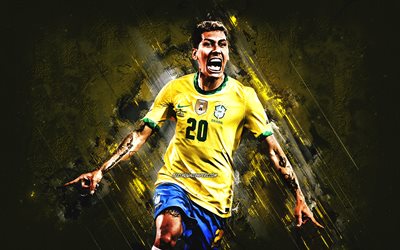 Roberto Firmino, Brazilian national football team, Brazilian soccer player, Firmino art, yellow stone background, grunge art, football