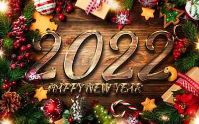 4k, 2022 golden 3D digits, christmas frames, Happy New Year 2022, wooden backgrounds, 2022 concepts, 3D art, 2022 new year, 2022 on wooden background, 2022 year digits, Christmas 2022