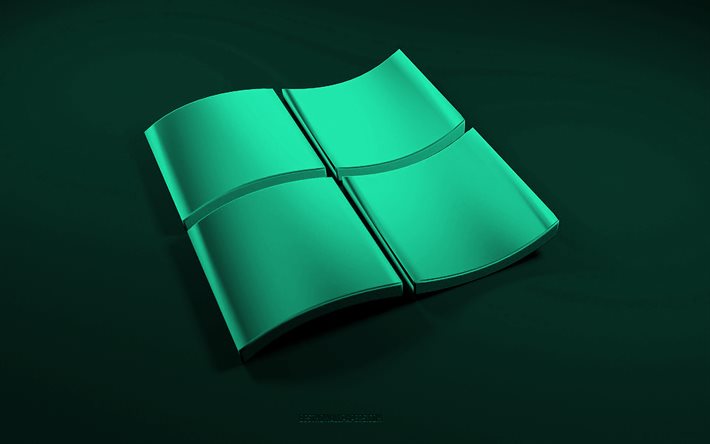 Turkuaz 3d Windows logosu, siyah arka plan, 3d dalgalar turkuaz arka plan, Windows logosu, Windows amblemi, 3d sanat, Windows