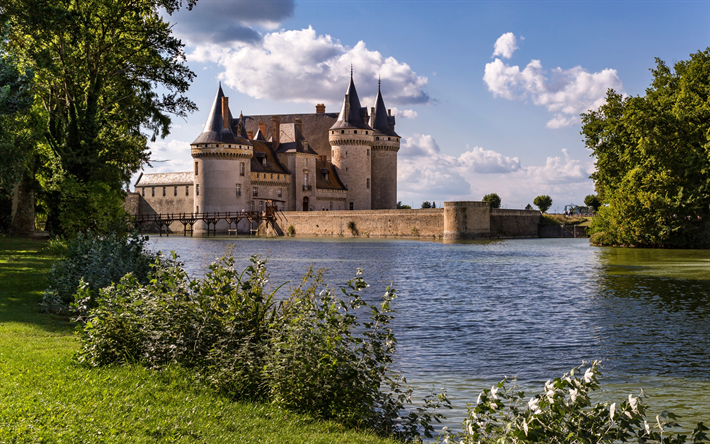 Chateau Sully-sur-Loire, medieval Loire castle, summer, lake, old fortress, France