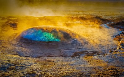 geyser, fen&#244;menos naturais, vapor, &#225;gua azul, quente de primavera, Isl&#226;ndia