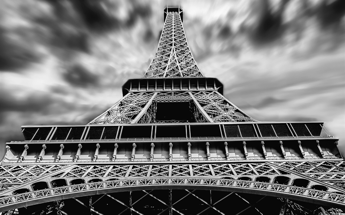 La Torre Eiffel, en blanco y negro, cielo, nubes, Par&#237;s, Francia