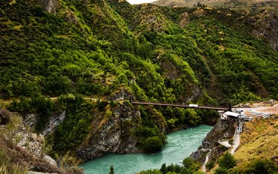 Nya Zeeland, 4k, suspension bridge, berg, river