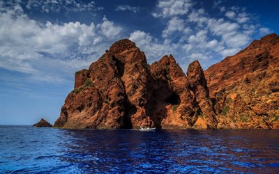 Corsica, ilha, Mar Mediterr&#226;neo, penhascos, Fran&#231;a, mar, ondas, barco