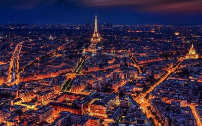 notte di Parigi, panorama city, luci di Parigi, notte, sera, Torre Eiffel, strade, Parigi, Francia