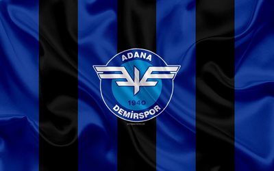 Adana Demirspor, 4k, logo, silk texture, Turkish football club, blue black flag, emblem, 1 Lig, TFF First League, Adana, Turkey, football