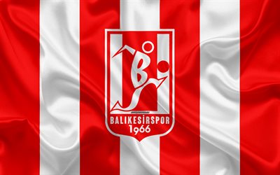 Balikesirspor, 4k, شعار, نسيج الحرير, التركي لكرة القدم, الأحمر الراية البيضاء, 1 الدوري, بمؤسسة tff الدوري الأول, باليكسير, تركيا, كرة القدم
