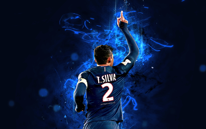 Thiago Silva, vista posterior, futbolista alem&#225;n, el PSG FC, de la Ligue 1, el Par&#237;s Saint-Germain, Silva, estrellas del f&#250;tbol, las luces de ne&#243;n de f&#250;tbol