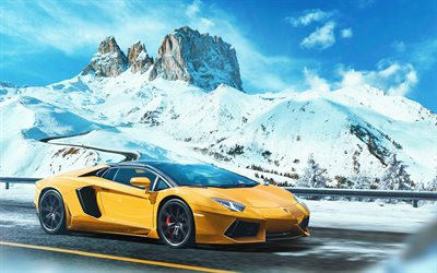 Lamborghini Aventador, winter, 2018 cars, mountain road, supercars, yellow Aventador, Lamborghini