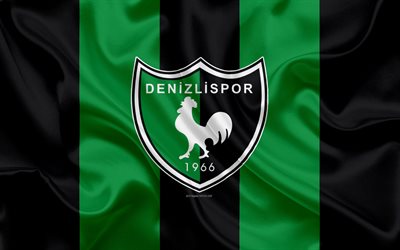 Denizlispor, 4k, logo, silk texture, Turkish football club, green black flag, emblem, 1 Lig, TFF First League, Denizli, Turkey, football