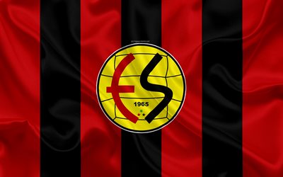 Eskisehirspor, 4k, logo, silk texture, Turkish football club, red black flag, emblem, 1 Lig, TFF First League, Eskisehir, Turkey, football