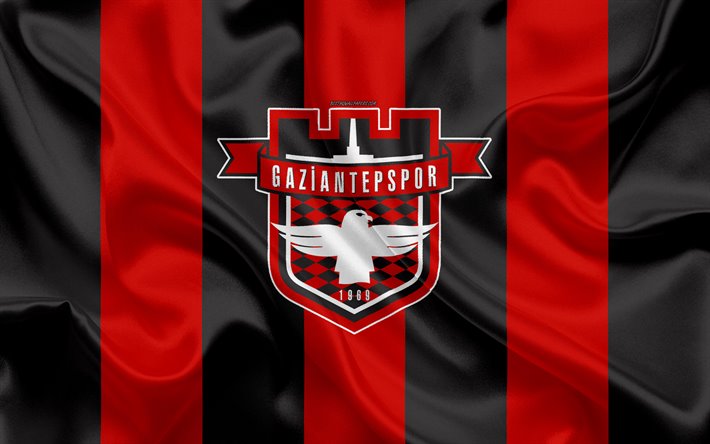 Gaziantepspor, 4k, logo, silkki tekstuuri, Turkkilainen jalkapalloseura, punainen musta lippu, tunnus, League 1, TFF First League, Gaziantep, Turkki, jalkapallo