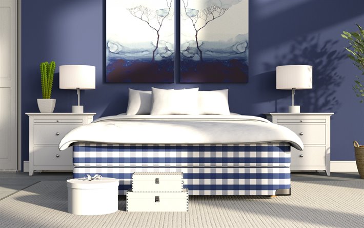 quarto elegante, cores azul, design de quarto, um design interior moderno, azul cama