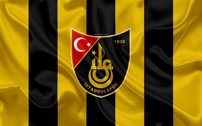 Istanbulspor AS, 4k, logo, silk texture, Turkish football club, yellow black flag, emblem, 1 Lig, TFF First League, Istanbul, Turkey, football