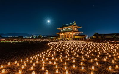 Nara Park, Japanilainen temppeli, Nara, Japani, illalla, lyhdyt, kynttil&#228;t
