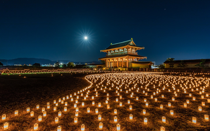 Nara Park, Japanskt tempel, Nara, Japan, kv&#228;ll, lyktor, ljus
