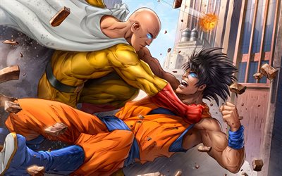 4k, Goku vs Saitama, battle, artwork, Dragon Ball Super vs One Punch Man, DBS