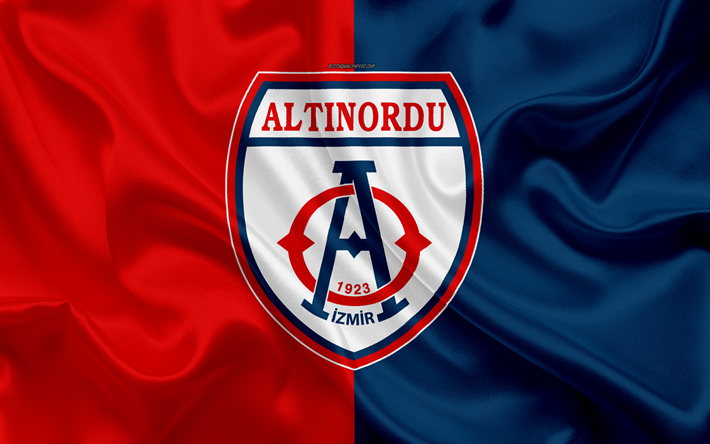 Altinordu FK, 4k, logo, soie, texture, turc, club de football, rouge, bleu, drapeau, embl&#232;me, 1 Lig, FFT Premier League, Izmir, Turquie, football