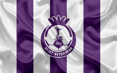 Afjet Afyonspor, 4k, logo, soie, texture, turc, club de football, blanc, violet drapeau, de l&#39;embl&#232;me, 1 Lig, FFT Premier League, Afyonkarahisar, Turquie, football