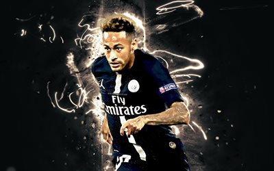 Neymar, black uniform, brazilian footballer, PSG FC, Ligue 1, Paris Saint-Germain, Neymar Jr, football stars, neon lights, soccer