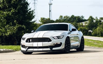 Ford Mustang, Shelby GT350, white sports coupe, tuning, front view, American sports cars, Ford