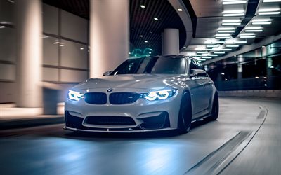 BMW M3, night, F80, tuning, 2018 cars, white m3, supercars, german cars, BMW