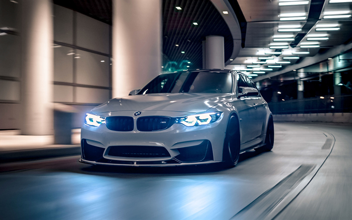 El BMW M3, de noche, F80, optimizaci&#243;n de 2018 coches, blanco m3, supercars, los coches alemanes, BMW