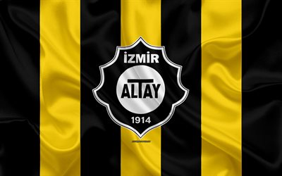 Altay SK, 4k, logo, silk texture, Turkish football club, yellow black flag, emblem, 1 Lig, TFF First League, Izmir, Turkey, football