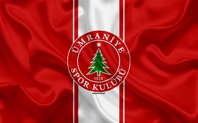Umraniyespor, 4k, logo, silk texture, Turkish football club red flag, emblem, 1 Lig, TFF First League, Umranie, Turkey, football