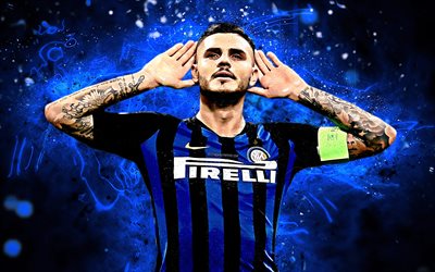 Icardi, argentine footballer, goal, Internazionale, Serie A, Mauro Icardi, football, fan art, soccer, Italy, neon lights, Inter Milan FC
